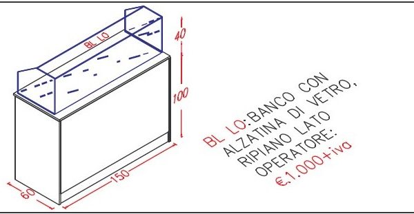 bancone per negozio con alzatina di vetro